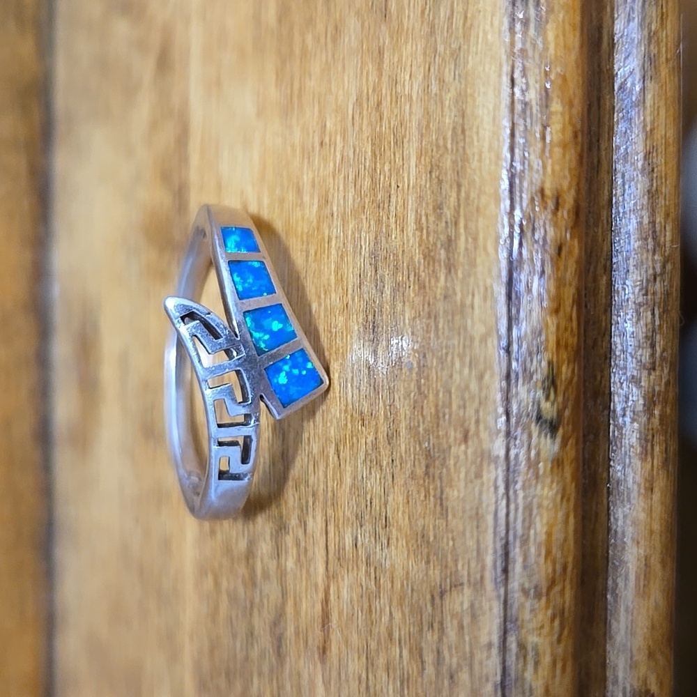 Sterling Silver & Opal Greek Key Design Ring